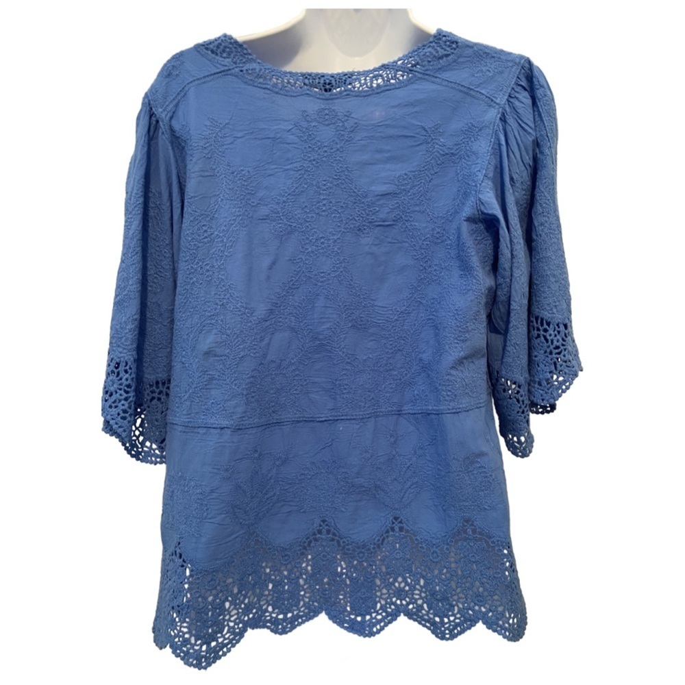 Democracy Woven Cotten Crochet Trim Peplum Top Cerulean Blue S - Picture 6 of 16